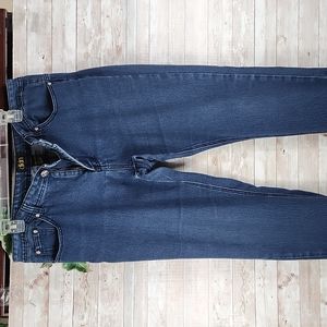 Dkin, Women's blue denim jeans, clear stones, silver embroidery on back pockets.